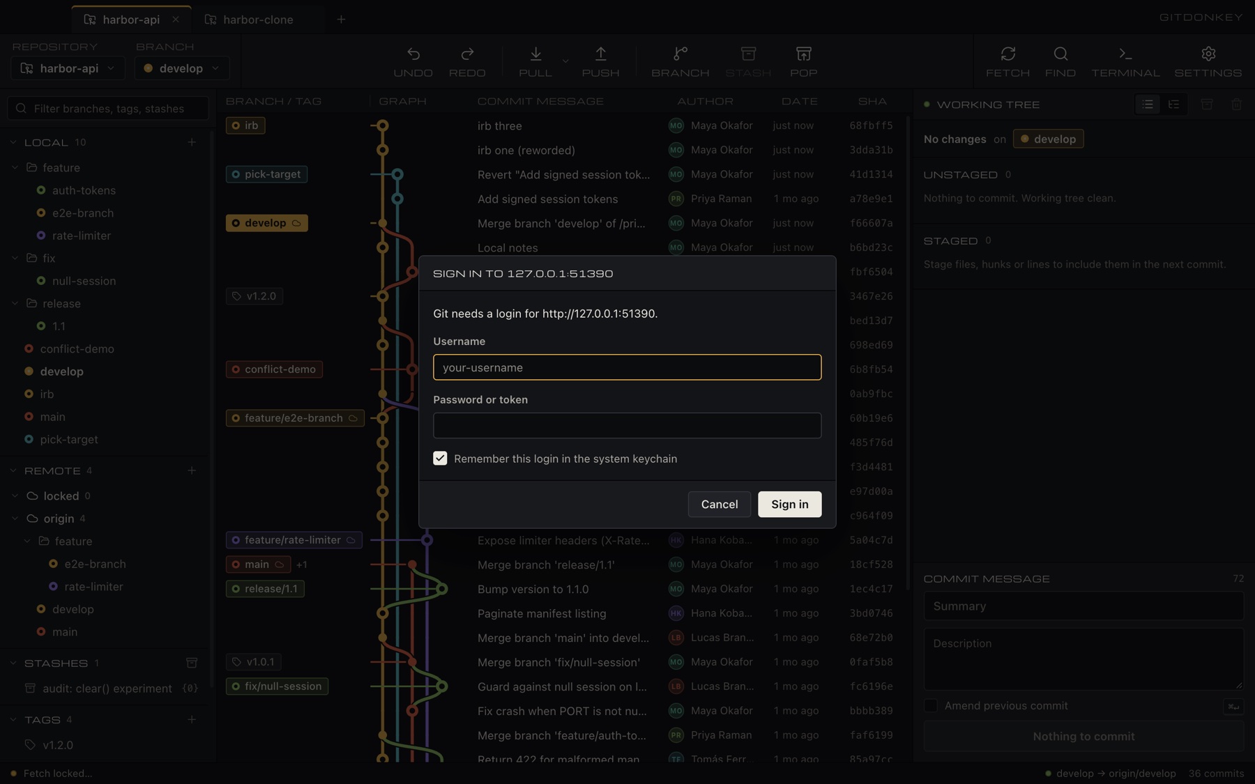GitDonkey's sign-in dialog asking for a username and token.